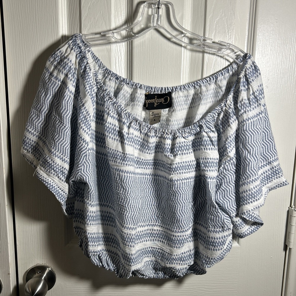 Y2K Spoon Boho Shirt Cropped Womens‎ Size L Blue White